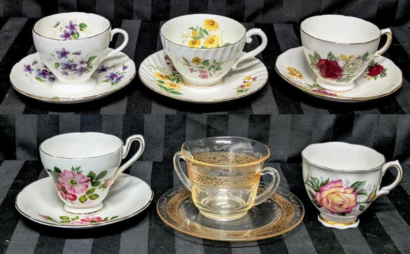 5 Vintage Bone China & Depression Glass Tea Cups & Saucers + Colclough Cup: Heathcote, Royal Vale, Stanley, Delphine - No Chips or Cracks