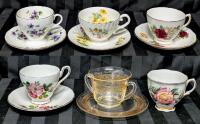 5 Vintage Bone China & Depression Glass Tea Cups & Saucers + Colclough Cup: Heathcote, Royal Vale, Stanley, Delphine - No Chips or Cracks