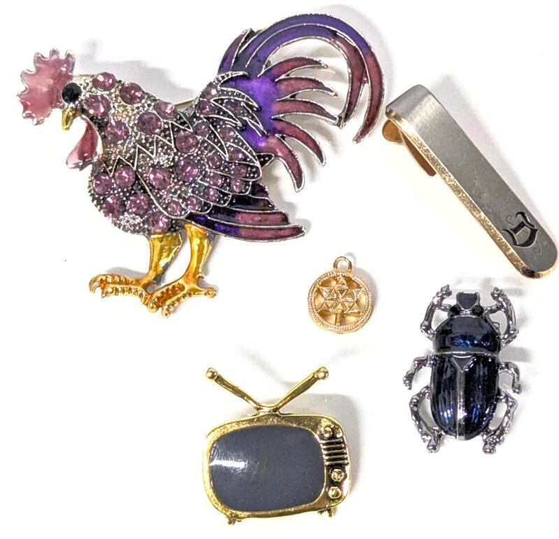 3 Neat Brooches: Large 2.4" Across Rhinestone Enamel Rooster, Enamel Scarab, Retro TV & Small Pendant Charm Marked 593, Hickock USA Cursive Initial "D" Tie Clip
