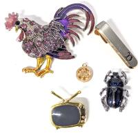 3 Neat Brooches: Large 2.4" Across Rhinestone Enamel Rooster, Enamel Scarab, Retro TV & Small Pendant Charm Marked 593, Hickock USA Cursive Initial "D" Tie Clip