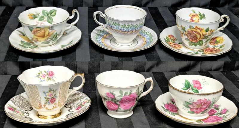 5 Vintage Bone China & Depression Glass Tea Cups & Saucers + Queen Anne Camellia Cup: Royal Vale, Royal Standard, Adderly, Glendale, Queen Anne - No Chips or Cracks