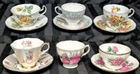 5 Vintage Bone China & Depression Glass Tea Cups & Saucers + Queen Anne Camellia Cup: Royal Vale, Royal Standard, Adderly, Glendale, Queen Anne - No Chips or Cracks