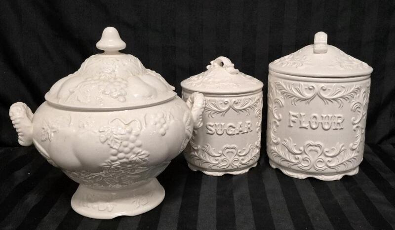 Ceramic Kitchen Lot - Soup Tureen 11" & Sugar 8" & Flour 10" Canisters - Japan