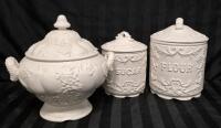 Ceramic Kitchen Lot - Soup Tureen 11" & Sugar 8" & Flour 10" Canisters - Japan