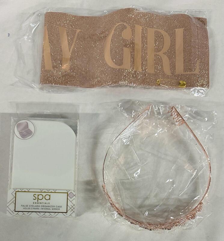 3 New Birthday Girl Essentials, Includes Banner, Tiara, and False Eyelash Organizer Case with Mirror