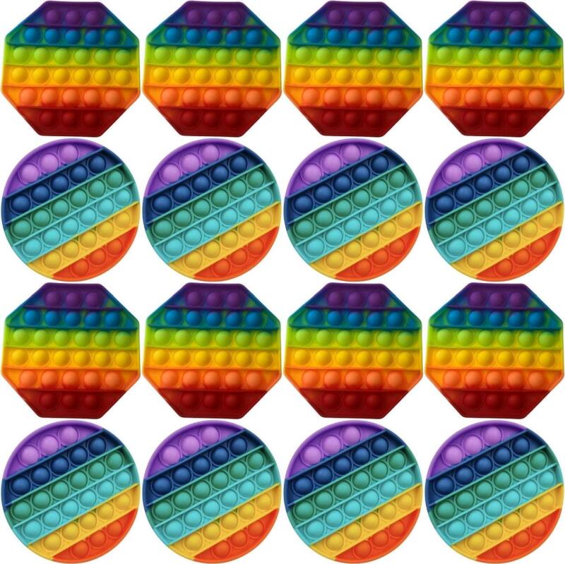 12 New Rainbow Fidget Popping Toys, 5" Diameter, Round & Octagonal, Individually Packaged