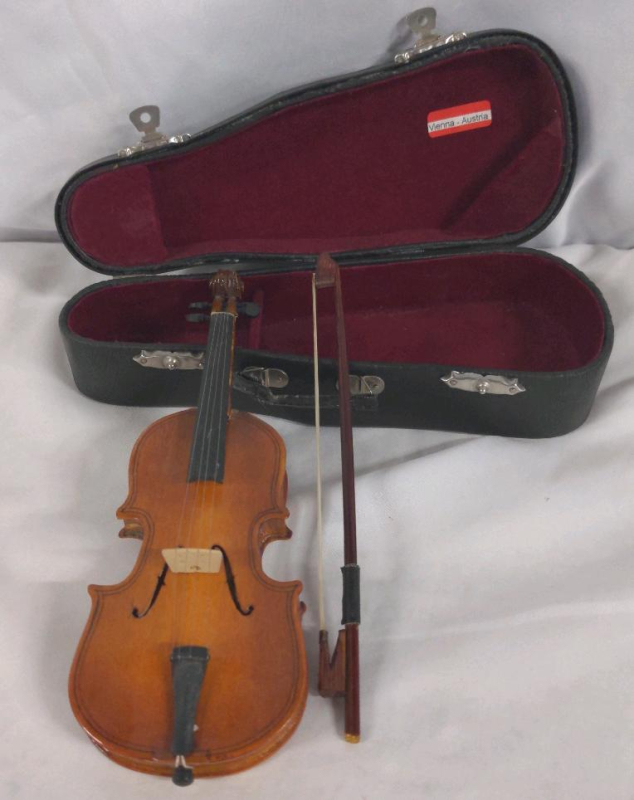 Vintage Miniature Wooden Violin Replica with a bow and a case