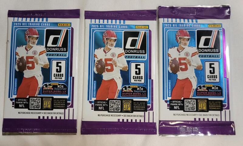 2025 Panini Donruss NFL Football Sealed Trading Card Wax Packs , Three (3) Sealed Wax Packs . Tiny small holes on side of 2 packs