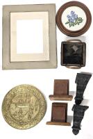 Country Core & Home Decor : MCM Wood Bookends Made in Canada, Picture Frame 14.5" &times; 17.6, Vintage Crossstitch 11", Brass Decorative Nautical Plate 14", Pair of Drapery Sconces, Wall Hooks + Basket