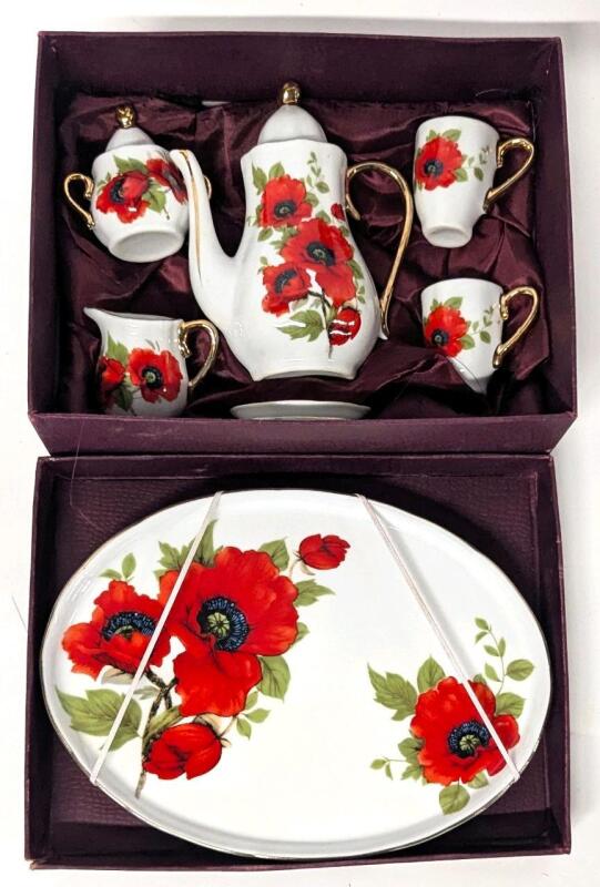Child's Size Adeline Collection 10-Piece Poppy Mini Tea Set With Box, Up To 4.75" Tall, No Chips or Cracks