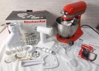 KitchenAid Artisan Mini 3.5 Quart Tilt-Head Stand Mixer w/Kitchen Aid Pasta Maker & Meat Grinder Accessories . Tested Working . Would benefit from cleaning before use