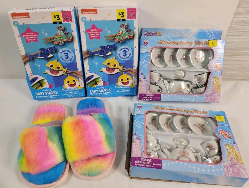 New - Kids Play Activity Items & Slippers . 2 Baby Shark Clothespin Critters , 2 Princess Porcelain Royal Tea Sets & Pair Rainbow Slippers