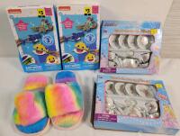 New - Kids Play Activity Items & Slippers . 2 Baby Shark Clothespin Critters , 2 Princess Porcelain Royal Tea Sets & Pair Rainbow Slippers