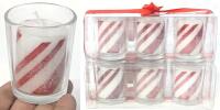 6 New Candy Cane-Striped Glitter Votive Candles in Glass Vessels, 2.25" Tall Each
