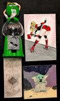 Vintage Green M&M Gum Machine (With Original Shoes), New Harry Potter Marauder's Map, Hand-Drawn Harley Quinn Roller Derby Picture & Hand-Painted Grogu Baby Yoda on Stretched Canvas