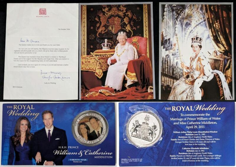 2011 The Royal Wedding Commemorative Medallion From The Toronto Star, Sigbed 2004 Letter From Queen Elizabeth's Lady-in-Waiting + Double-Sided Print of The Queen in Her Youth & Older