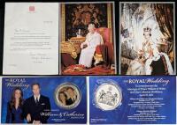 2011 The Royal Wedding Commemorative Medallion From The Toronto Star, Sigbed 2004 Letter From Queen Elizabeth's Lady-in-Waiting + Double-Sided Print of The Queen in Her Youth & Older
