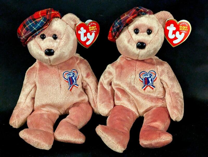 2 As-New 2004 TY BEANIE BABIES ChariTee PGA Golf Tour Charity Bears with Heart Tags. 8.5" Each