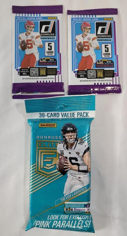 2025 Panini Donruss NFL Football Sealed Trading Card Wax Packs &times;2 & 2023 Panini Donruss Elite NFL Football Sealed Trading Card 30-Card Value Wax Pack &times;1 .