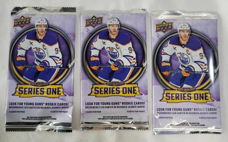 2025 - 26 Upper Deck Series One NHL Hockey Sealed Trading Card Wax Packs , Three (3) Sealed Packs