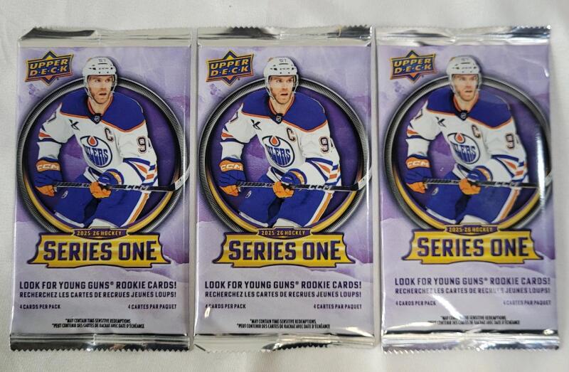 2025 - 26 Upper Deck Series One NHL Hockey Sealed Trading Card Wax Packs , Three (3) Sealed Packs