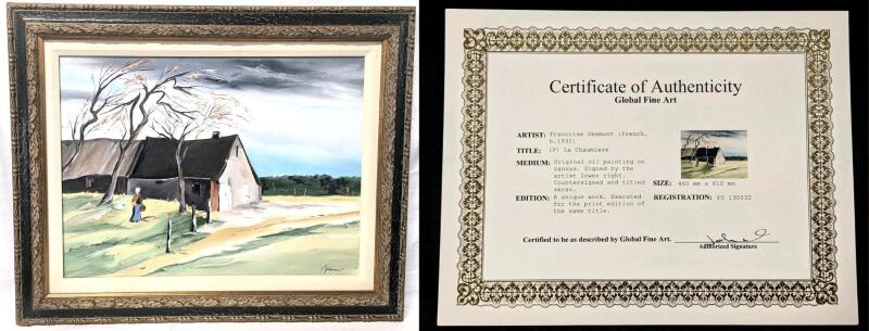 Original Signed Fran&ccedil;oise Desmont (Born 1932) " La Chaumi&egrave;re " Oil on Canvas, Framed (Heavy!), With COA, 31.5" &times; 25.25", Similarly Sized Framed Pieces Had Hammer/Retail Prices Of $520 - $1032 USD