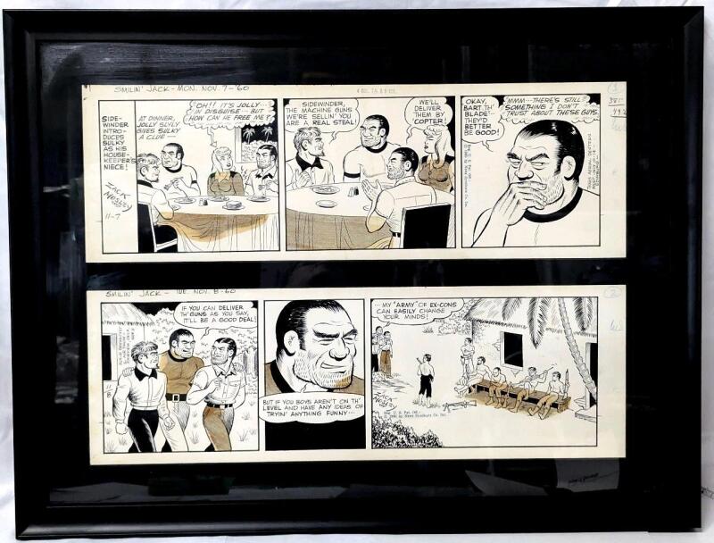 2 Original Vintage 1960 " THE ADVENTURES OF SMILIN' JACK " Comic Art by ZACK MOSLEY (1937 - 2002) - Nov 7 + 8th Strips, With Applied Shading, Professionally Framed & Matted, 27" &times; 20.5", Estimated Hammer Price Between $740 (Single Strip) - $3600 USD