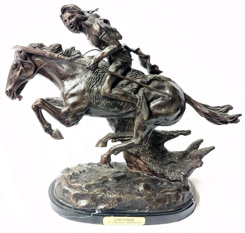 [!!!] HUMONGOUS Frederic Remington THE CHEYENNE Native American On Horseback Bronze Statue Atop Marble Base, 21" Tall, Estimated Hammer Price $1,022 - $1342+