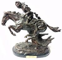 [!!!] HUMONGOUS Frederic Remington THE CHEYENNE Native American On Horseback Bronze Statue Atop Marble Base, 21" Tall, Estimated Hammer Price $1,022 - $1342+
