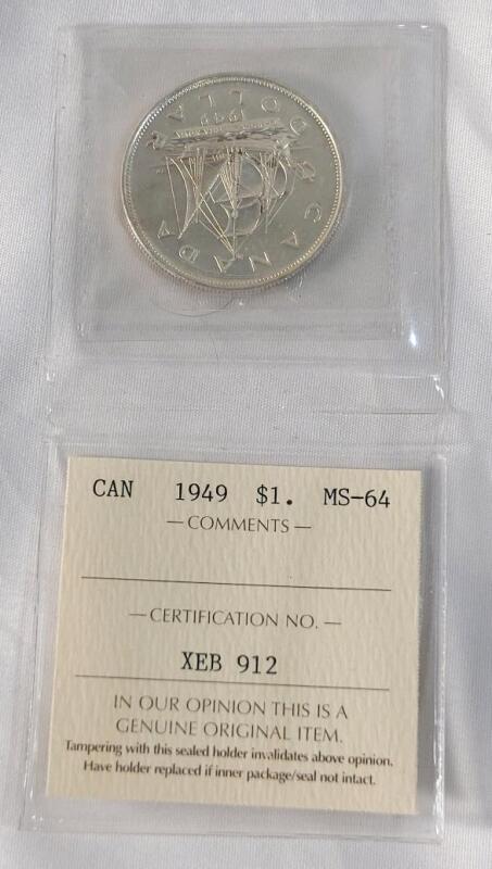 1949 Canadian Silver One Dollar Coin . ICCS Graded MS-64 .