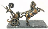Large Vintage Brass Triumphant Achilles Atop Winged Lion Horse-Drawn Roman War Chariot Statue On Marble Base, 9" Tall, Estimated Hammer Price $110