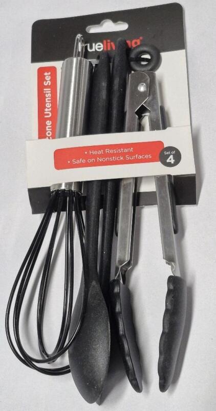 4 New Trueliving Silicone Utensil Set - Whisk, Tongs, Spatula & Spoon