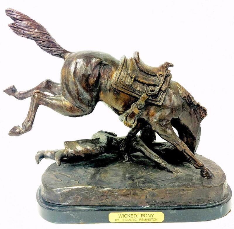 Signed HUGE After Frederic Remington WICKED PONY Cast Bronze Statue On Marble Base, 16" Tall, Estimated Hammer Price of $580