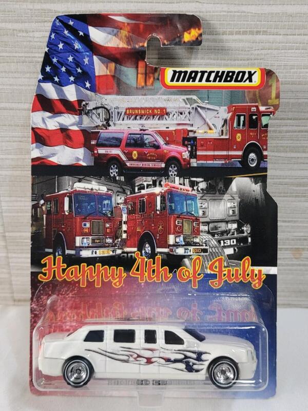 Custom Made Matchbox Cardback " Happy 4th of July " w/Matchbox Cadillac One Presidential Limousine Diecast Model Car - Sealed . 1:64 Scale . Custom Made Matchbox Package w/Matchbox Diecast Car .