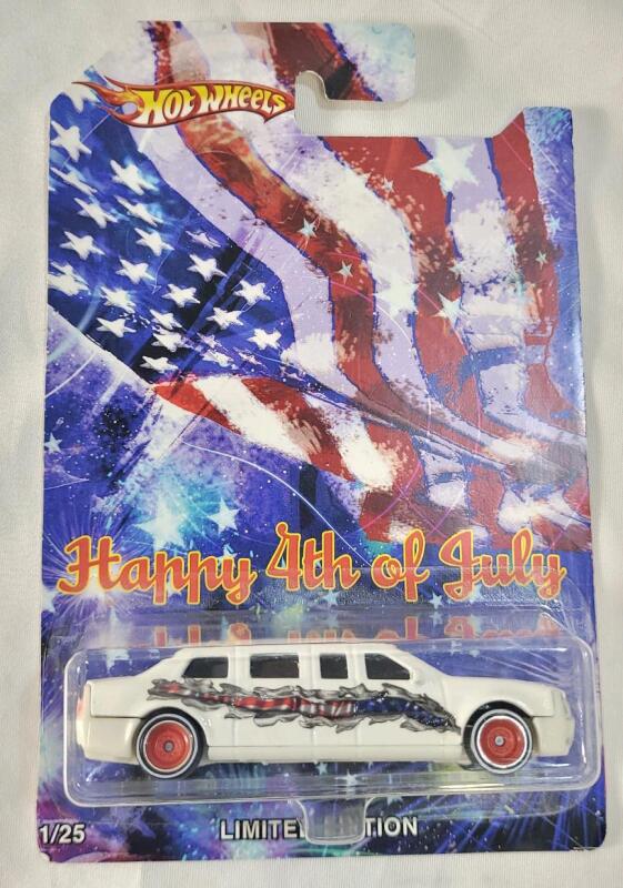 Custom Made Hotwheels Cardback " Happy 4th of July " w/Matchbox Cadillac One Presidential Limousine Diecast Model Car - Sealed . 1:64 Scale . Custom Made Hotwheels Package w/Matchbox Diecast Car .