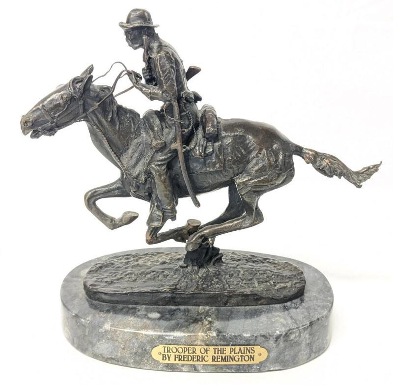 Signed After Frederic Remington TROOPER OF THE PLAINS Bronze Statue on Marble Base, 10.75" Tall, Estimated Hammer Price $80 - $200 USD