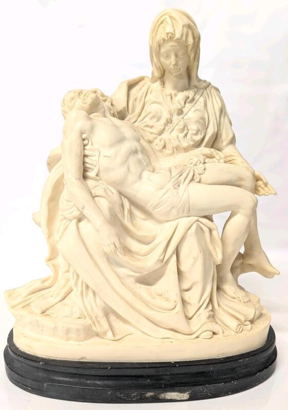 Signed Vintage A SANTINI Italy Re-Creation of Michaelangelo's PIET&Agrave; Jesus Christ + Virgin Mary, Statue on Marble Base, 11.25" Tall