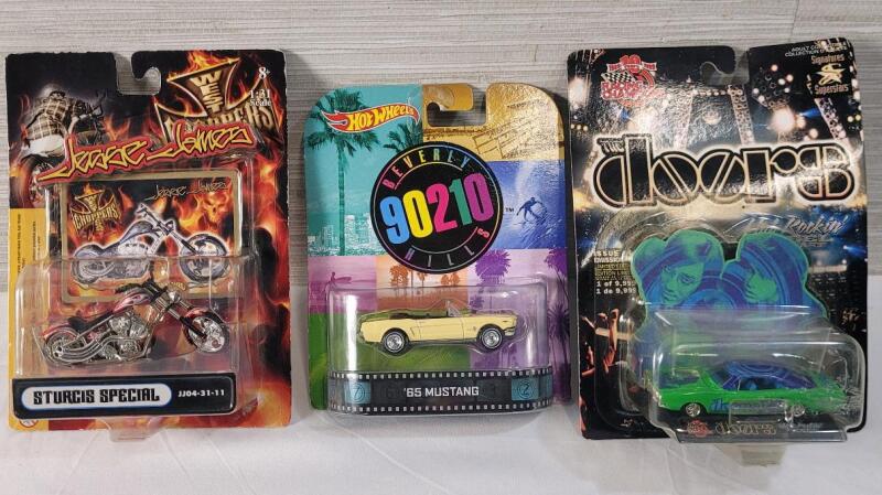 Three (3) Pop Culture Diecast Model Cars / Motorcycle . Beverly Hills 90210 , The Doors & Jesse James . The Doors card back has bend