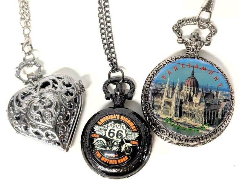 3 Pocket Watches : Filigree Heart Locket, Budapest Parliament & New Route 66 America's Highway Motorcycle, Each on Chains Up To 30" Long