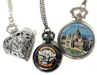 3 Pocket Watches : Filigree Heart Locket, Budapest Parliament & New Route 66 America's Highway Motorcycle, Each on Chains Up To 30" Long