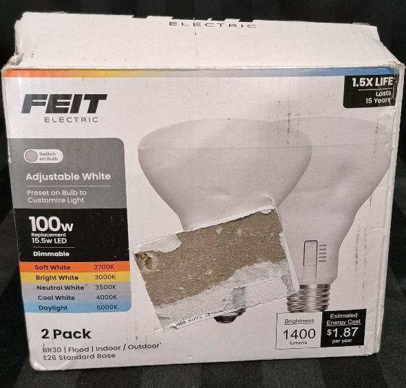 2 New Feit Electric 100W Flood Indoor/Outdoor Lightbulbs 15.5w LED Dimmable- Switch on Bulb