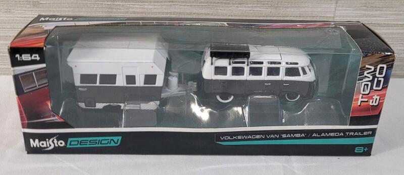 2018 Maisto Design Volkswagen Van " Samba " & Alameda Trailer Diecast Model Car . 1:64 Scale