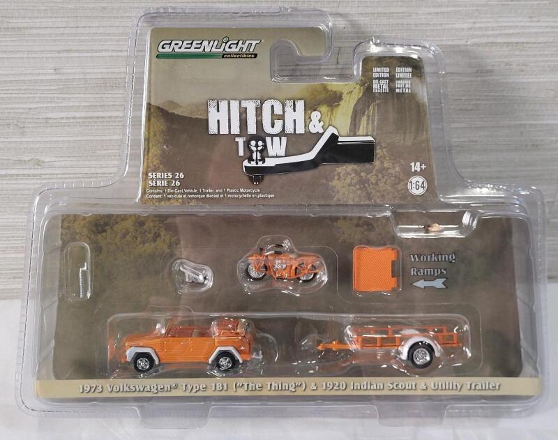 2022 Greenlight Hitch & Tow 1973 Volkswagen Type 181 " The Thing " and 1920 Indian Scout Motorcycle w/Utility Trailer Diecast Model Car , Sealed