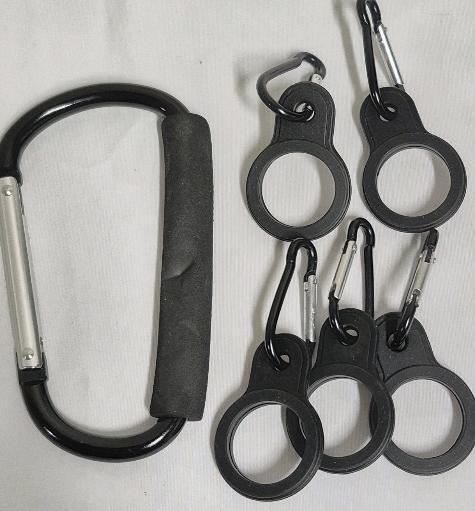 6 New Silicone Water Bottle Holder Clips with Carabiners & Large 5" Carabiner (Not for Climbing)