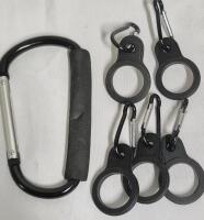 6 New Silicone Water Bottle Holder Clips with Carabiners & Large 5" Carabiner (Not for Climbing)