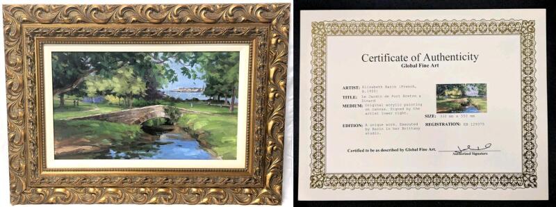 Original Signed Elisabeth Bazin (Born 1955)" Le Jardin de Port Breton &agrave; Dinard " Acrylic on Canvas, Beautifully Framed (Heavy!) 32" &times; 23", With COA, Similarly Sized + Framed Original Works Retail $540 - $1200, With Estimated Hammer Price of $425 USD