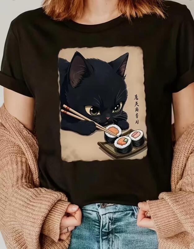 New sz XL Women's Cat and Sushi Graphic T-Shirt Casual Crew Neck Polyester Short Sleeves Soft Knit Fabric 100% Polyester Stock Photos added