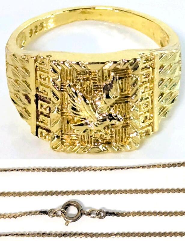 Size 10.5 Flying Eagle Ring Stamped 925 & 1/20 12K Gold-Filled S-Link Dainty Chain. 18" Long
