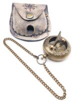 New Antique Finish Brass Pocket Watch-Style Compass / Sundial with Chain & Leather Belt Pouch . Compass measures 1 ⅞" diameter
