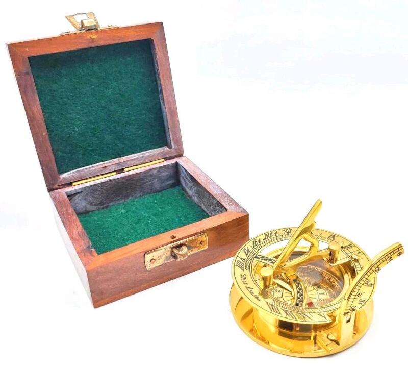 New 2.5" Solid Brass Combination Sundial & Compass in Wooden Box